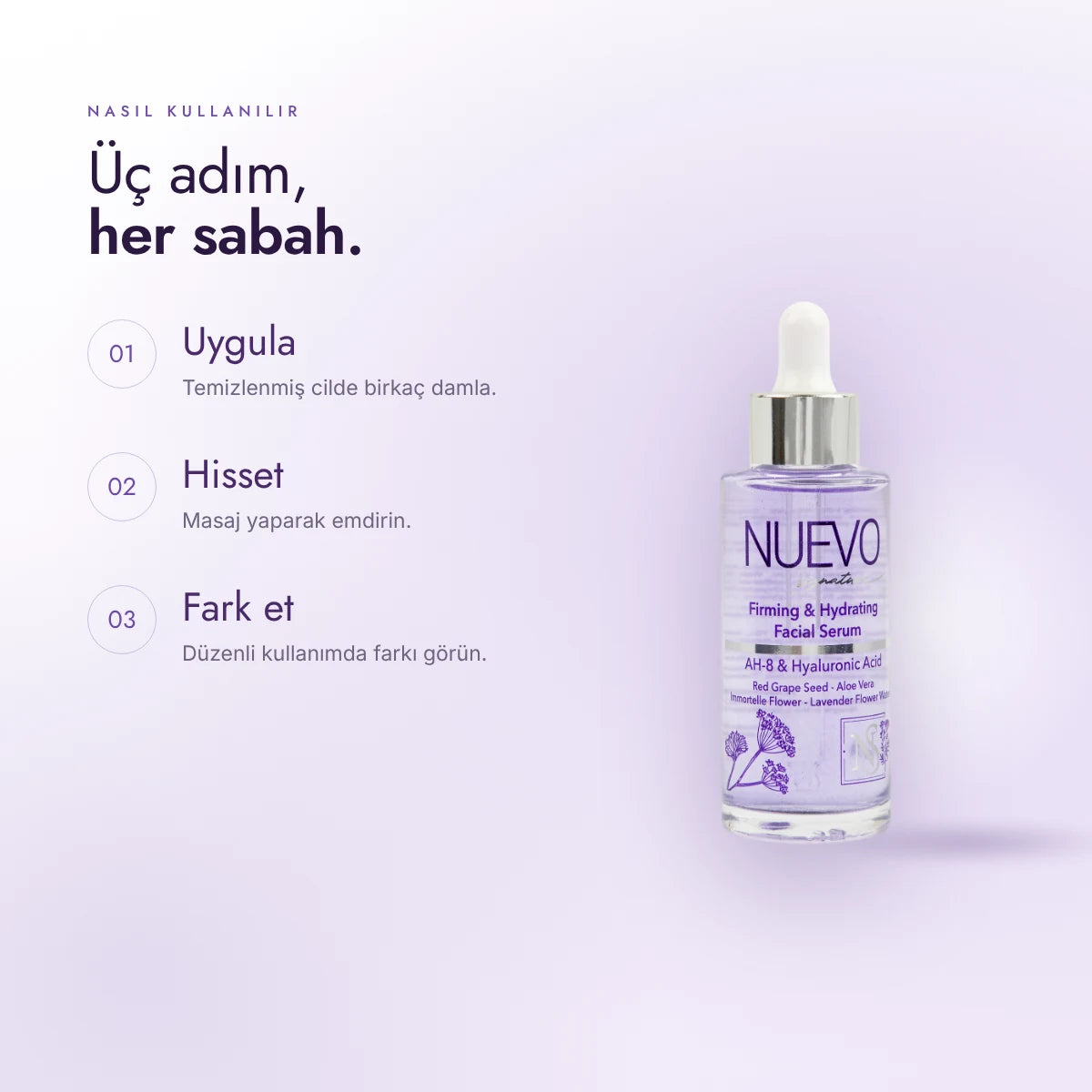Lila Serum nasıl kullanılır: temizlenmiş cilde uygula, masajla emdir, düzenli kullanımda farkı gör