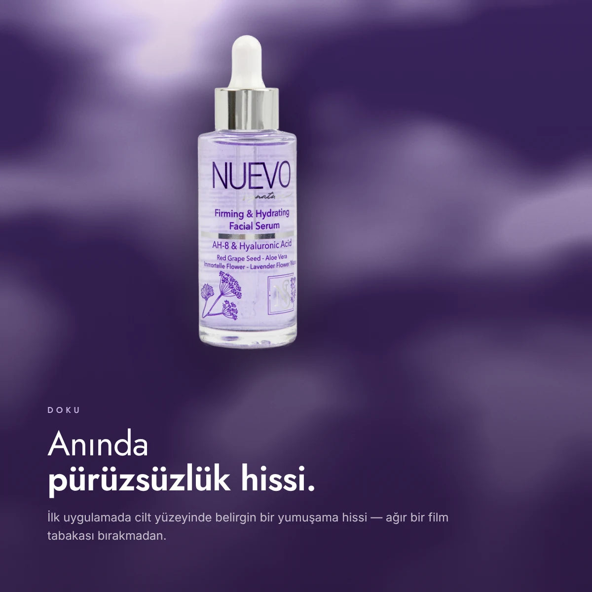 Lila Serum dokusu: ilk uygulamada anında pürüzsüzlük hissi, ağır film tabakası bırakmayan hafif formül