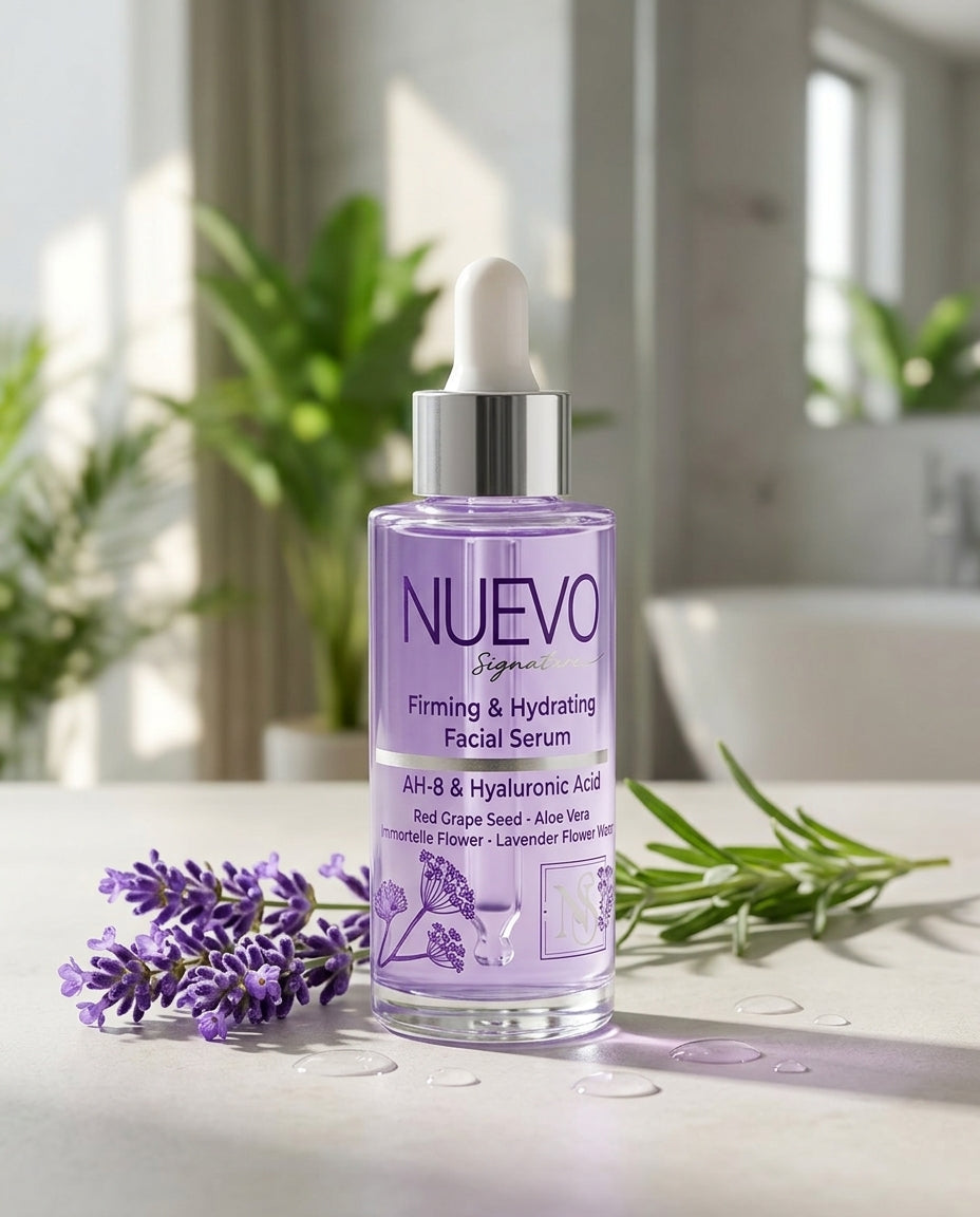 NuevoSignature Lila Serum 50 ml cam şişe, lavanta dalları ve mermer zemin üzerinde